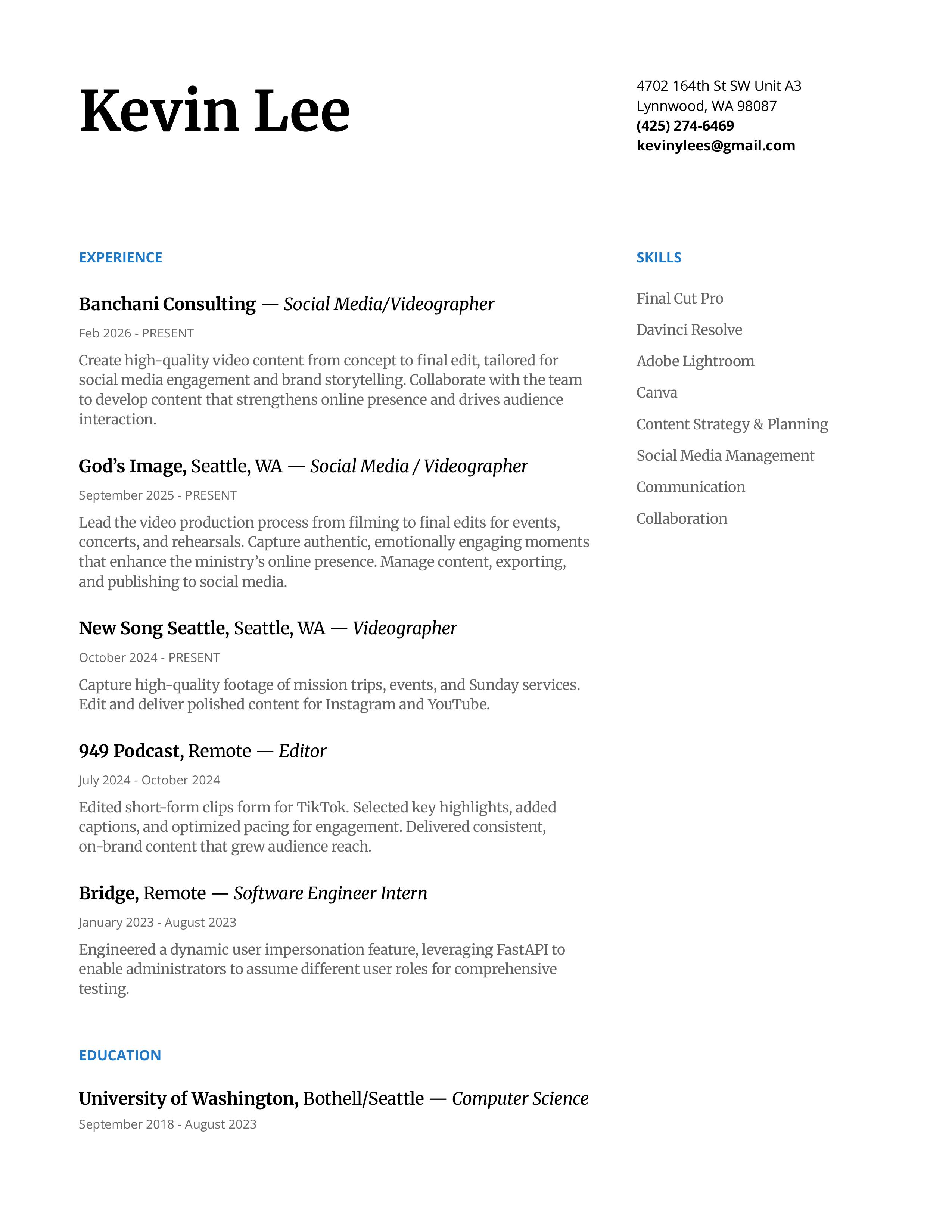 Kevin Lee Video Resume